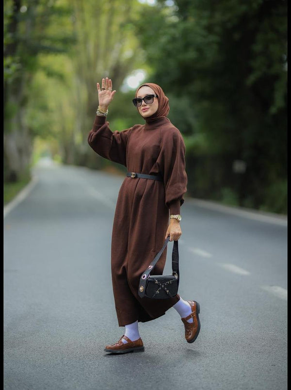 Balon Kol Triko Elbise-Kahverengi