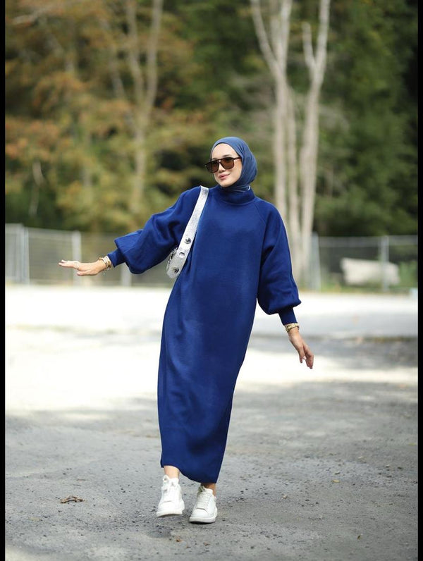 Balon Kol Triko Elbise-Lacivert