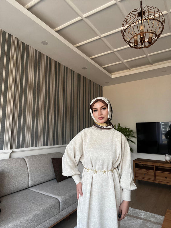 Balon Kol Triko Elbise-Bej