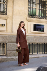 Krep Blazer Takım - Kahverengi