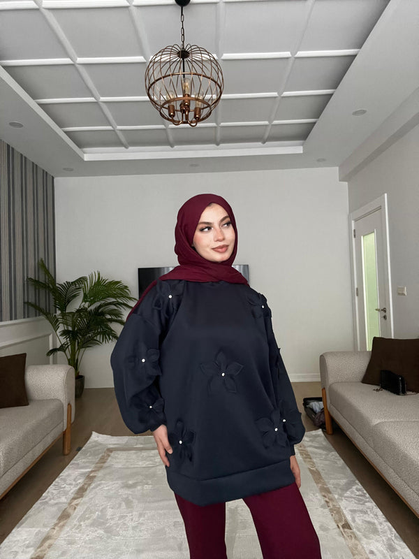 Çiçek Aksesuarlı Scuba Sweat-Siyah