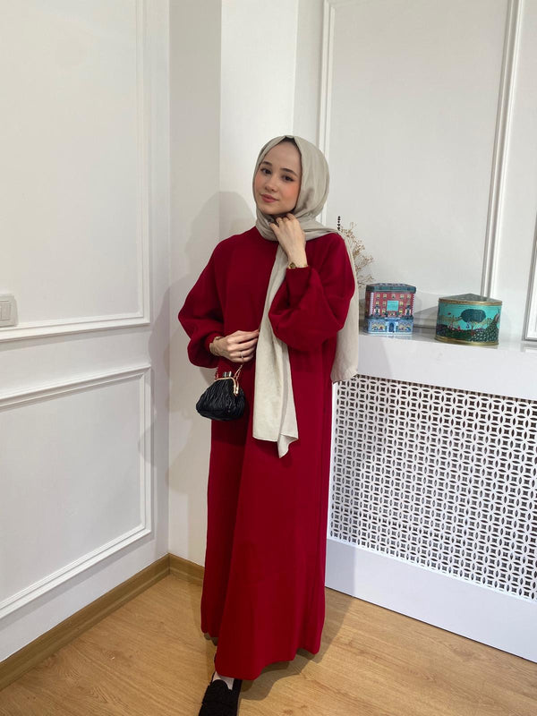 Balon Kol Triko Elbise-Bordo