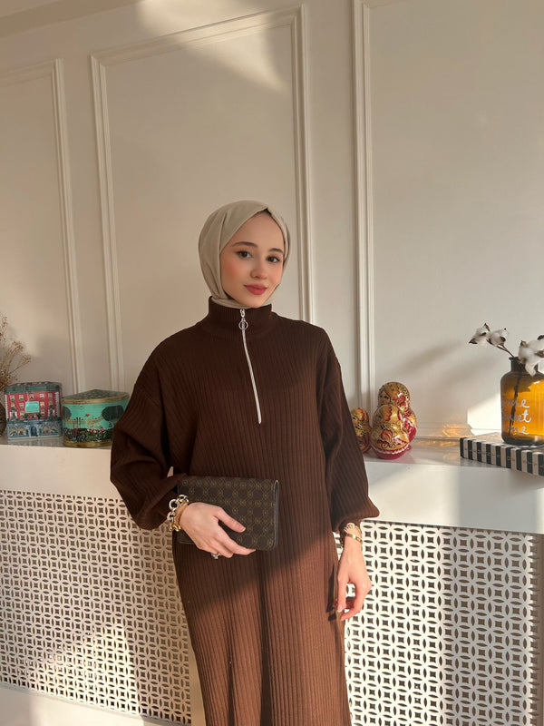 Luna Triko Elbise-Kahverengi