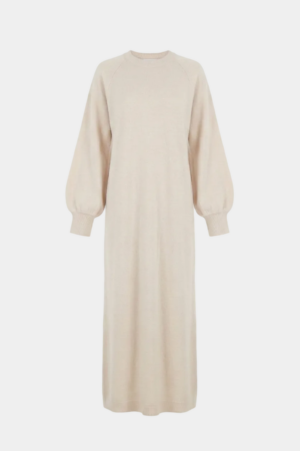 Balon Kol Triko Elbise-Bej